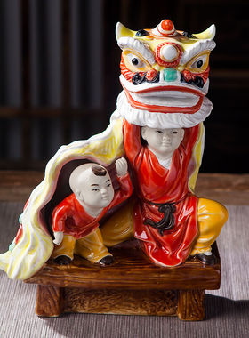 美吔装饰品陶瓷客厅电视柜摆件岭南名俗特色文化传承舞狮采青开业