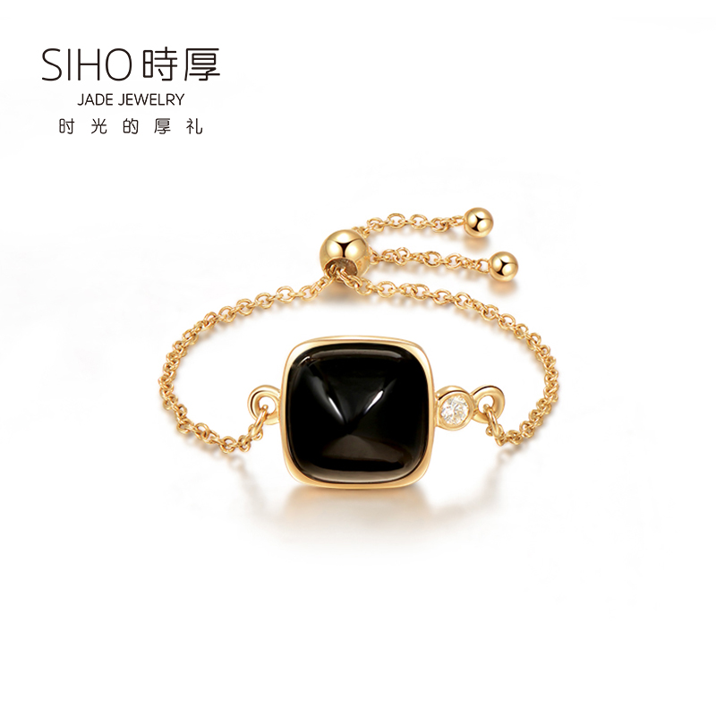 黑青玉流苏18k金时尚可调节戒指