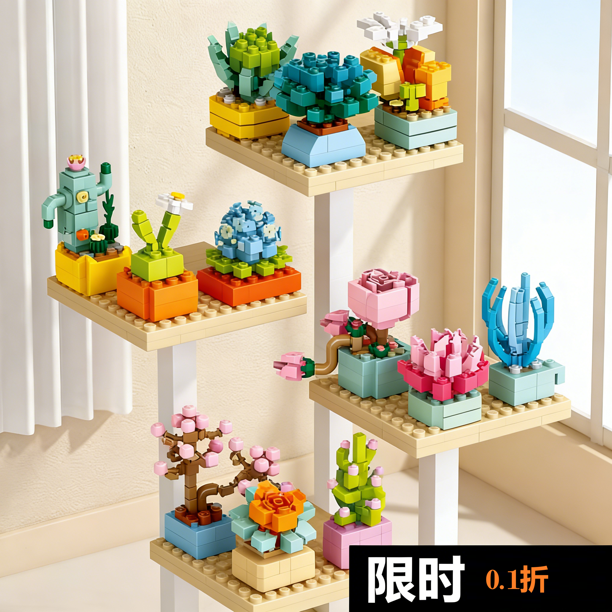 多肉小颗粒积木拼装盆栽 仿真植物花摆件 创意手工 diy 礼物礼品