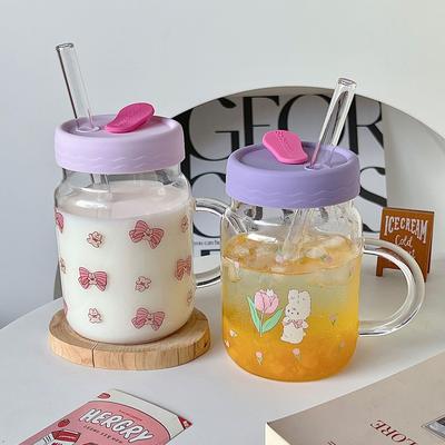 风杯子透明吸管玻璃杯可爱女生夏季大容量水杯带盖把手家用
