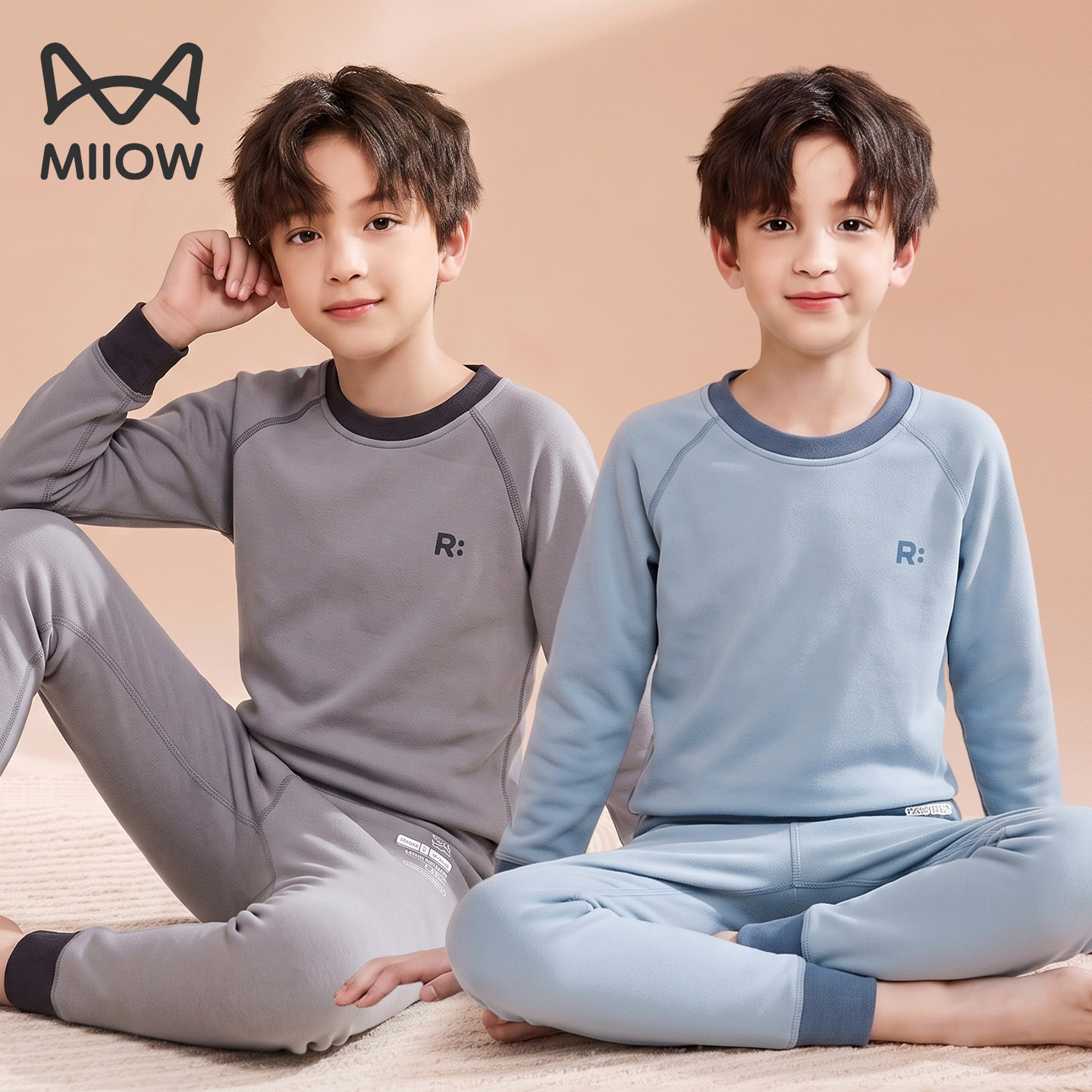 猫人儿童加绒内衣套装加厚保暖男孩秋衣秋裤青少年大童睡衣打底冬