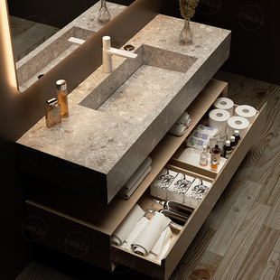 【高端设计师定制】德利丰岩板一体盆水磨石酒店浴室柜洗脸盆极简