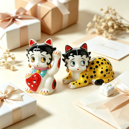 招财猫贝蒂陶瓷摆件豹子猫开业乔迁送礼客厅摆件可爱卡通