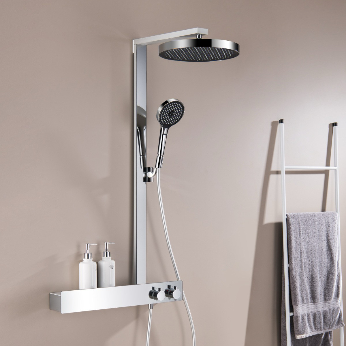 德国家用淋浴花洒套装冷热恒温明装增压大顶喷水龙头平替置物台