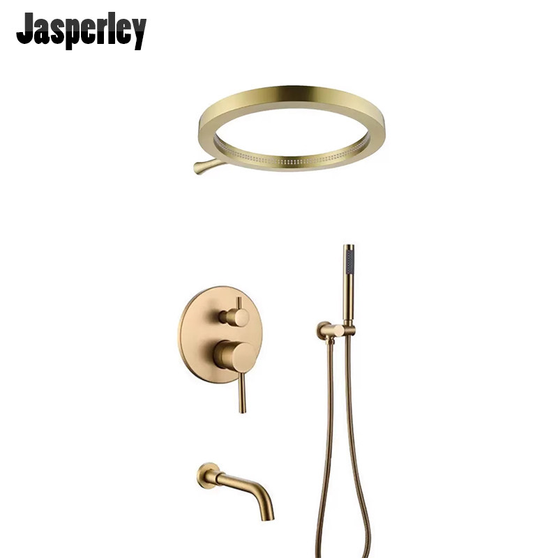 Jasperley拉丝金入墙式花洒套装带增压瀑布式顶喷出水