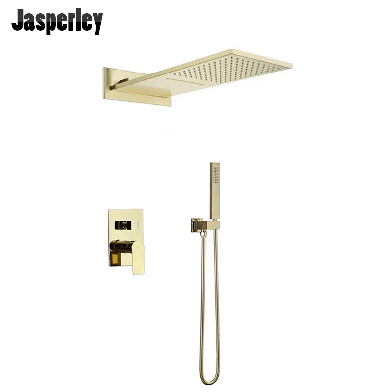 Jasperley拉丝金入墙式瀑布花洒套装沐浴淋浴嵌入式