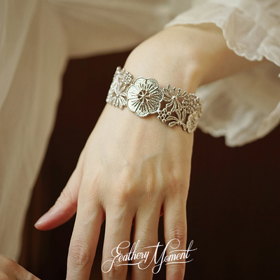 花朵女925银复古手镯古朴