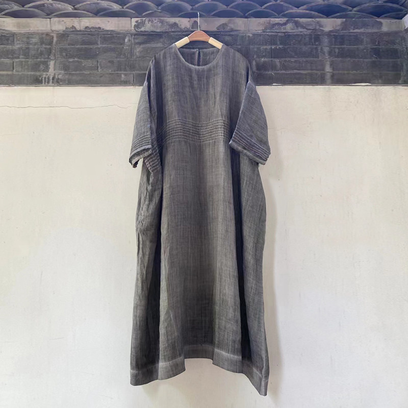 亚麻夏季薄款连衣裙文艺复古宽松大码简约舒适休闲个性长款袍子