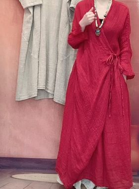 女神范长款连衣裙2026春季新款女肌理麻文艺复古气质洋气长裙