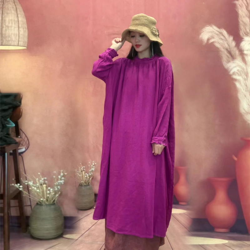 高端刺绣亚麻长款连衣裙