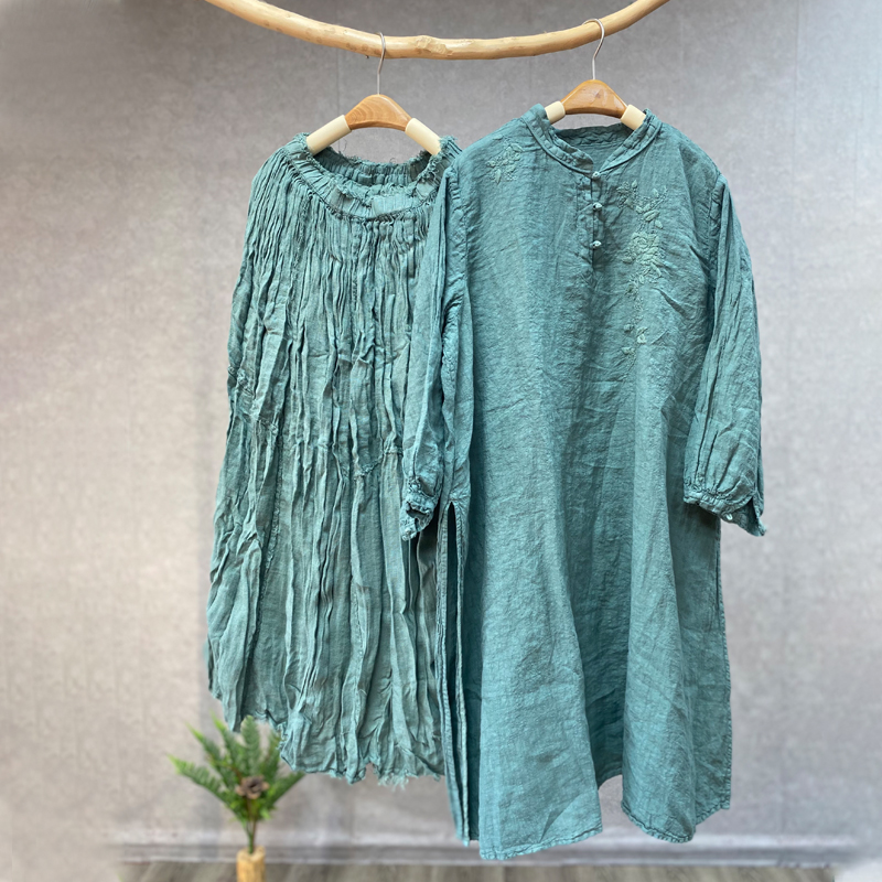 新中式复古国风高开叉连衣裙套装2024春秋新款女休闲文艺刺绣长衫