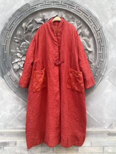 2024冬新款女纯色亚麻棉大衣禅意慵懒风大码胖mm夹棉加厚长款棉袄