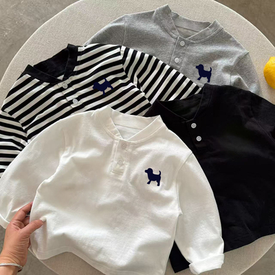 男女童亨利领卡通长袖T恤洋气打底上衣春秋季纯棉白色长袖Polo衫