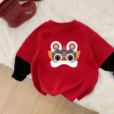 2026男童女童纯棉红色马年本命年假两件长袖喜庆可爱卡通长袖T恤