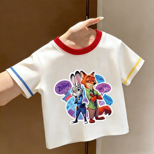 明线卡通洋气纯棉男女童打底衫 短袖 休闲上衣印花T恤 夏季 2026新款