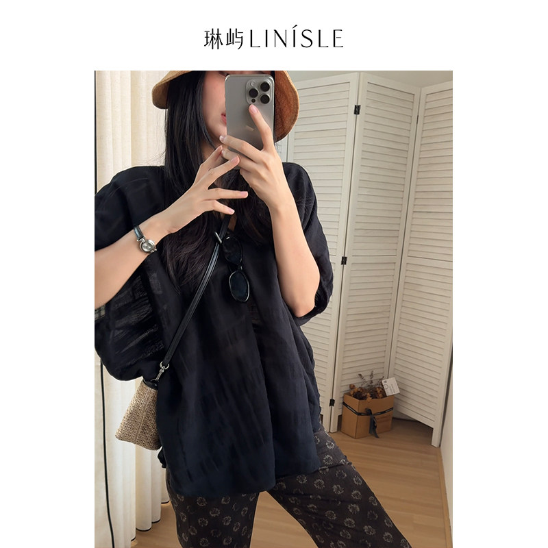 琳屿LINISLE慵懒风宽松T恤女长袖V领上衣休闲百搭防晒棉麻罩衫