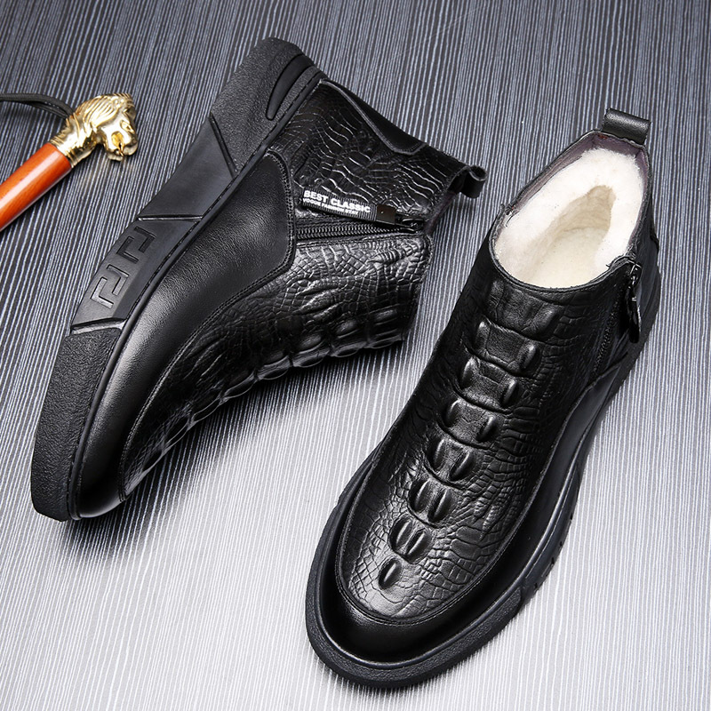 高端新款冬季鳄鱼纹羊毛男士棉鞋加绒保暖男鞋爸爸皮鞋男款