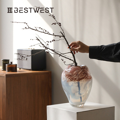 bestwest花瓶感玻璃花器摆件客厅插花中古绝美艺术餐桌水养花