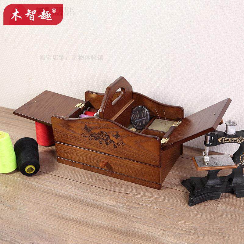 品货源针线盒家用多用途复古收纳盒理针线新整盒婚嫁结妆木质.