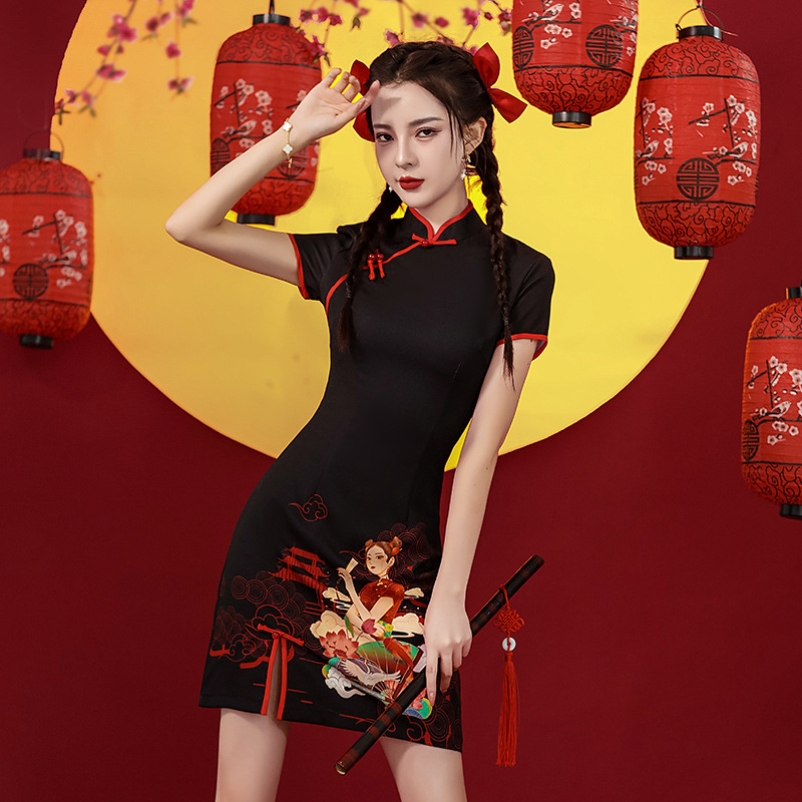 2025炸街改良旗袍国新款夏季年轻款少女改良黑色中国风小个子短款
