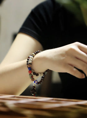 原木匠小叶紫檀搭配石榴石星月菩提手链女双圈款手串男民族风饰品