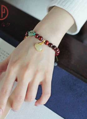 今夕印度小叶紫檀手串檀香紫檀8mm搭和田玉平安扣玉兔子手链女18