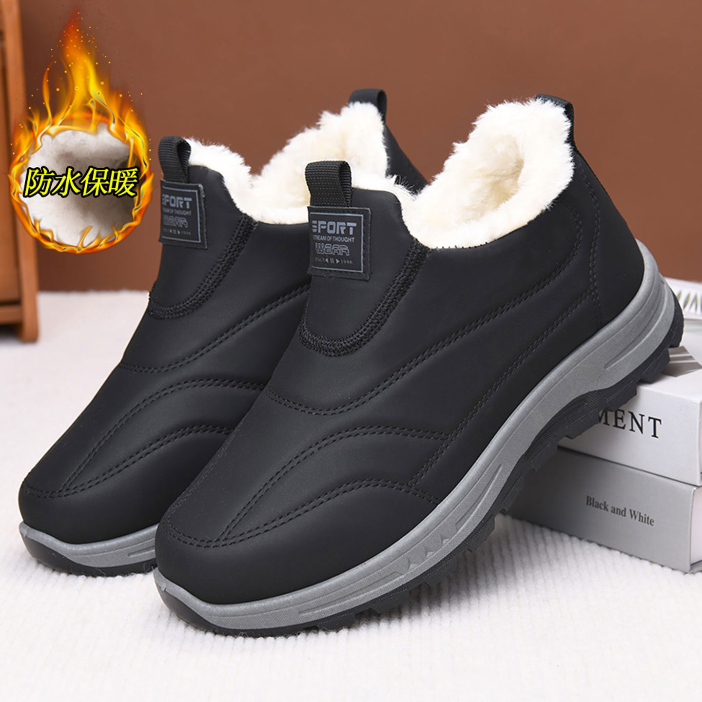 冬季加厚加绒保暖中老年老北京布鞋男棉鞋爸爸软底防滑棉靴一脚蹬