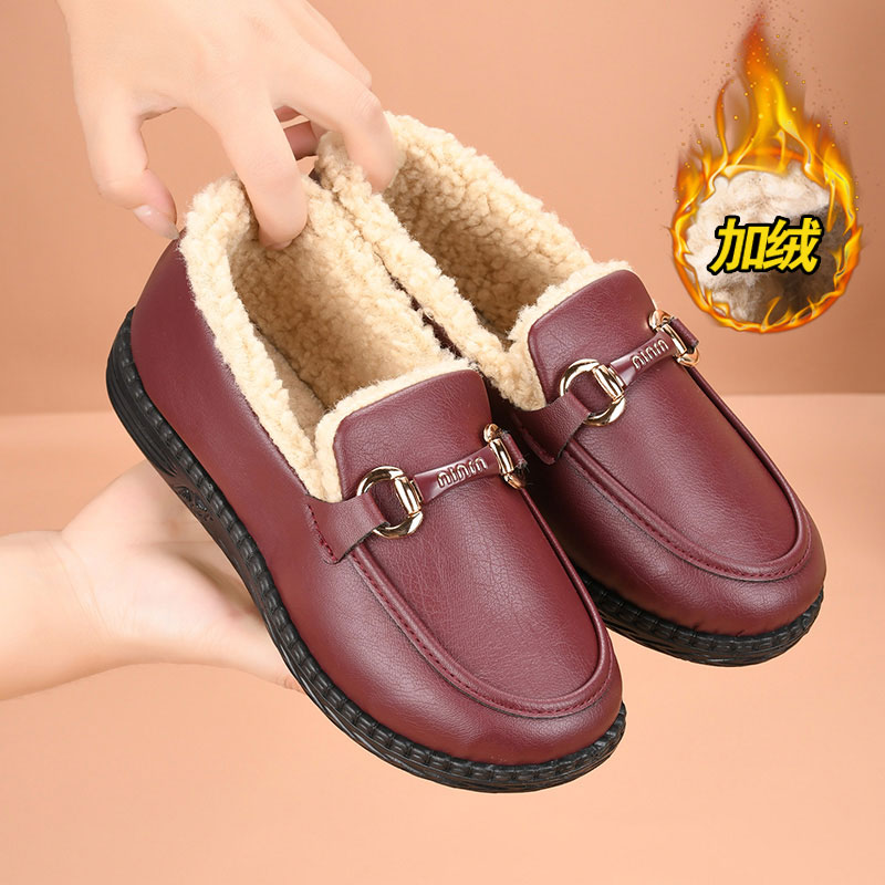 冬季保暖加绒乐福鞋女棉鞋防滑软底中老年妈妈鞋老北京布鞋豆豆鞋