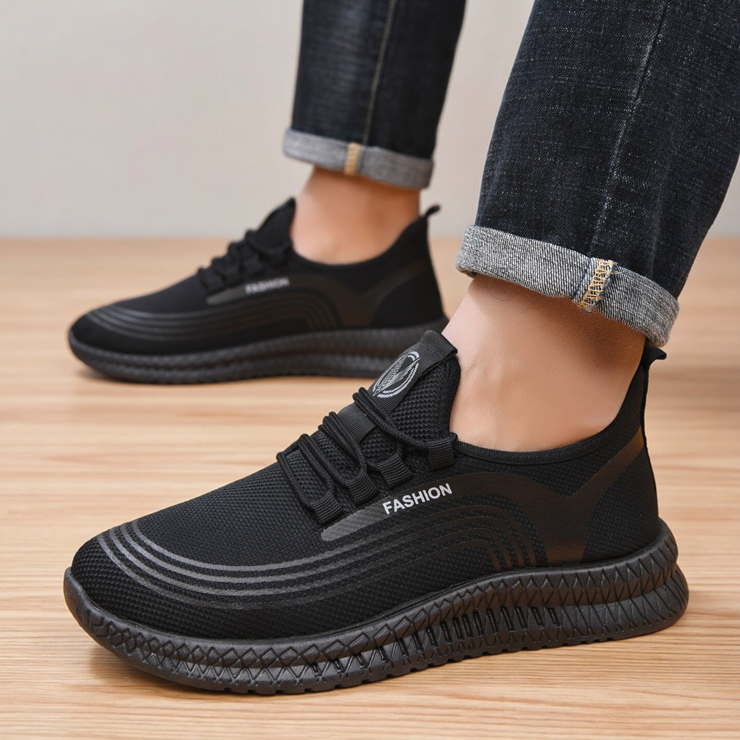 春季男透气舒适耐磨防滑软底时尚休闲运动鞋中老年爸爸鞋黑色跑鞋