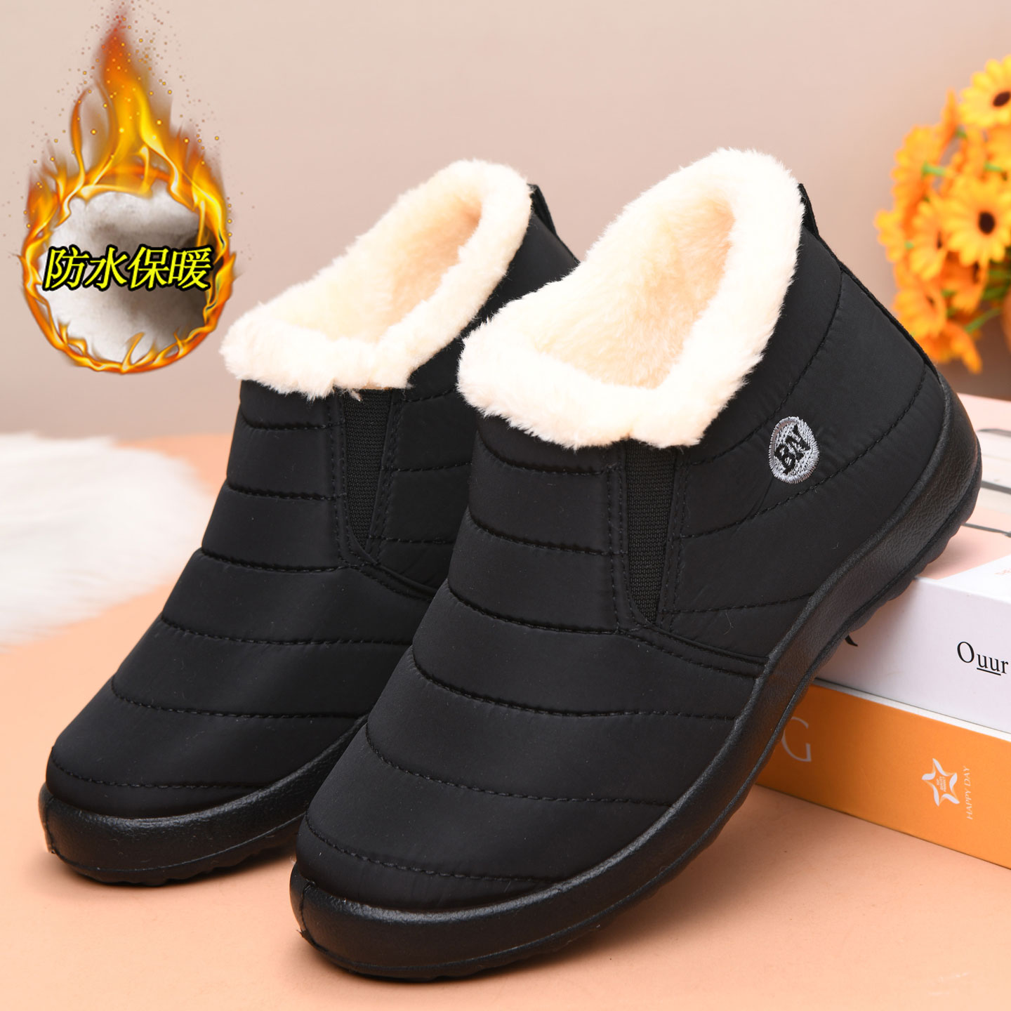 老北京布鞋女冬季加绒加厚保暖棉鞋中老年软底防滑一脚蹬休闲短靴