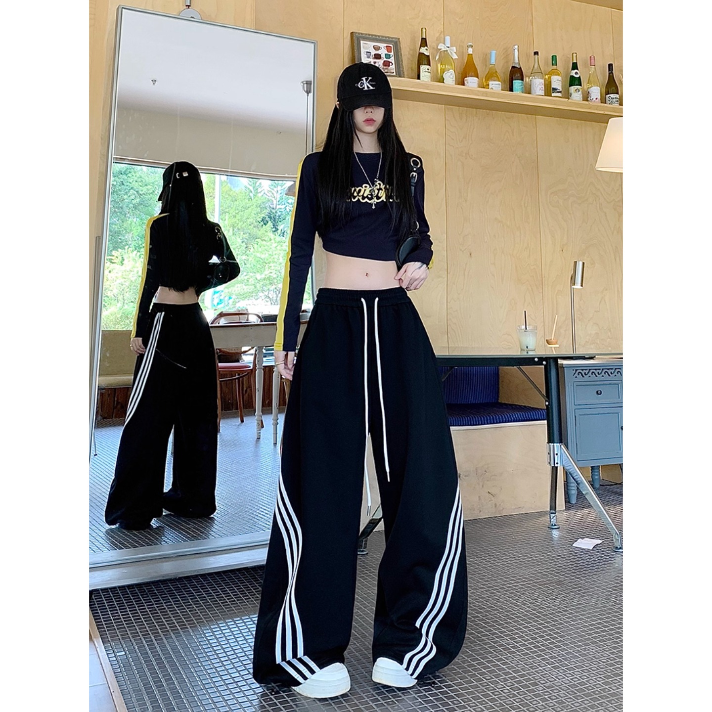 大码美式经典三条杠嘻哈阔腿裤