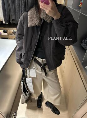 PLANT ALE 巴恩风羊羔毛翻领白鹅绒工装外套短款派克羽绒服女冬季