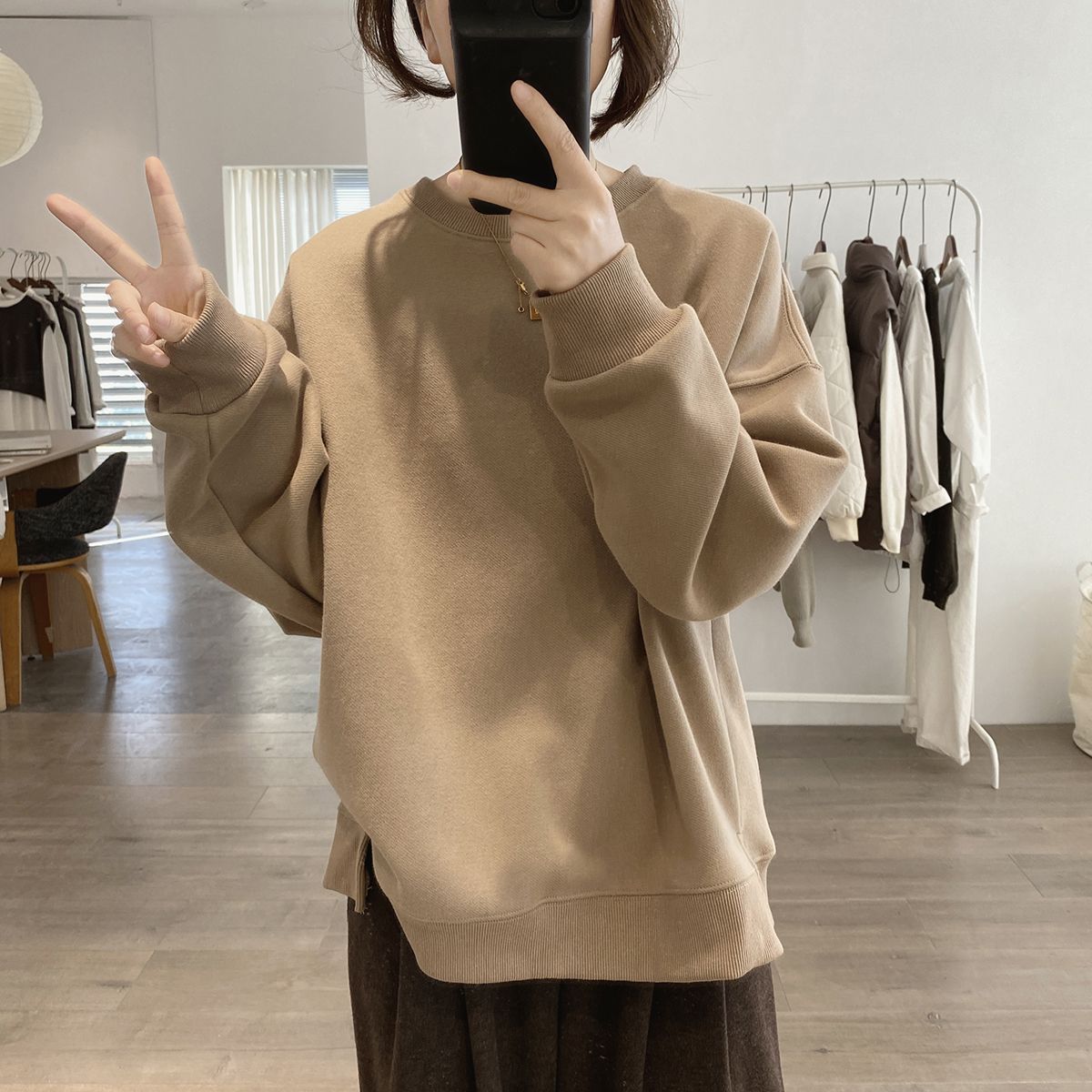 圆领加绒棉质卫衣外套女冬季新款宽松开叉显瘦加厚套头简约上衣