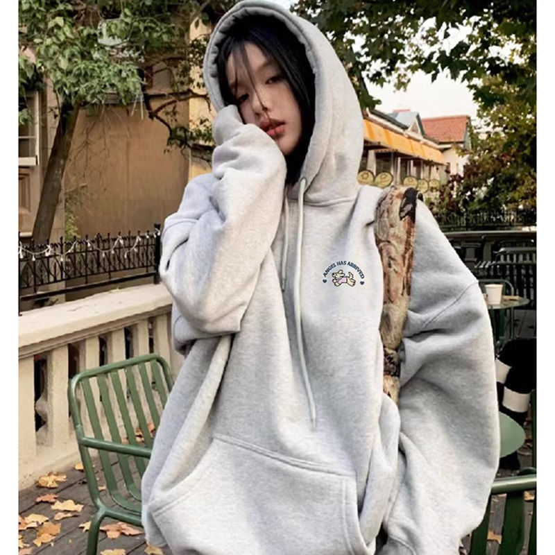 2024新款慵懒风百搭秋冬宽松韩系灰色连帽卫衣女chic加绒加厚上衣