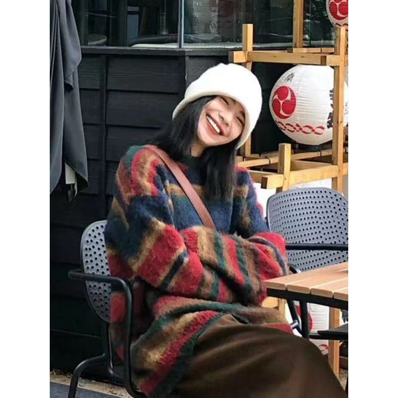 设计新款感撞色毛衣美式复古条纹慵懒宽松针织衫毛衣