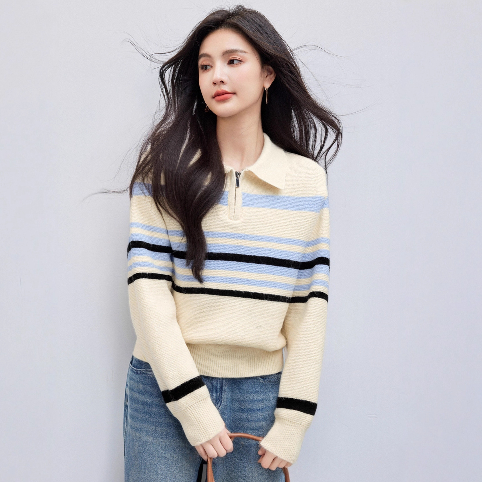 法式撞色条纹拉链长袖polo领针织衫女秋通勤修身显瘦别致绝美上衣