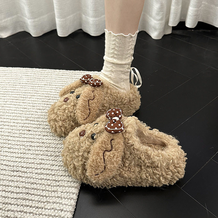 甜美蝴蝶结泰迪女生毛毛包头拖鞋2025秋冬可爱动漫居家厚底棉拖鞋