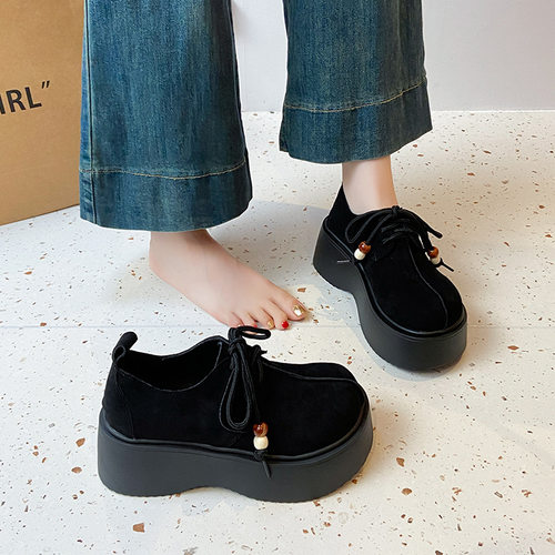 勃肯鞋厚底小皮鞋女2025春季新款英伦风复古女鞋圆头系带深口单鞋