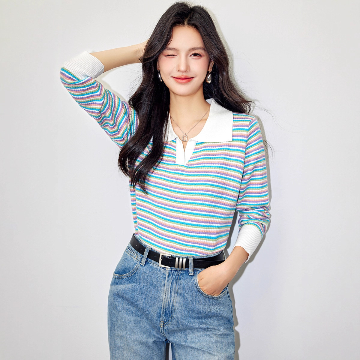 撞色条纹polo领长袖打底女2025新款春秋小香风针织衫修身高腰上衣