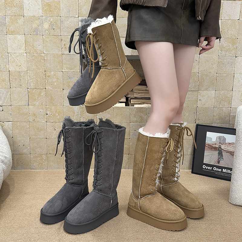 灰色厚底雪地靴女2025新冬季系带两穿长筒靴加绒加厚东北保暖棉鞋