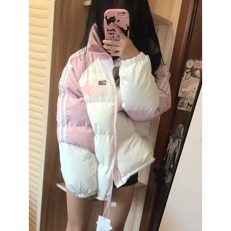 复古国潮ins拼接撞色条纹棉服外套女冬季新款宽松加厚休闲面包服