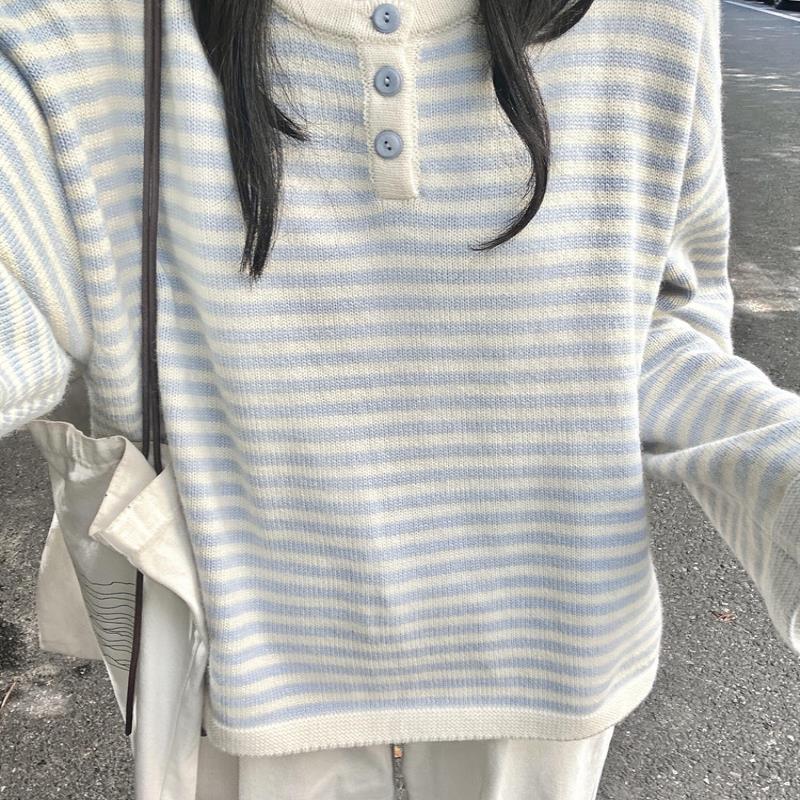 蓝色撞色条纹针织衫上衣新款慵懒风早秋季穿搭宽松韩系毛衣女