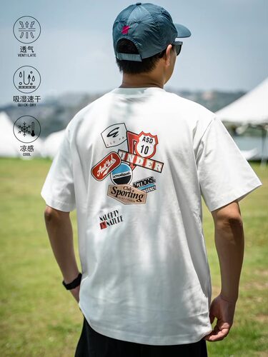 ACTIONS美式贴纸印花索罗娜凉感速干透气夏季宽松圆领短袖T恤上衣