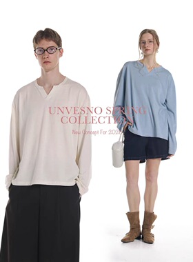 【极简静奢】Unvesno(UN)老钱风小V领亚麻莱赛尔棉混纺长袖T恤