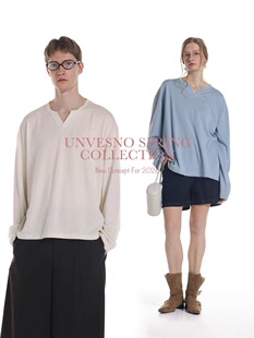 【极简静奢】Unvesno(UN)老钱风小V领亚麻莱赛尔棉混纺长袖T恤