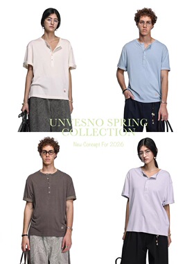 【莱赛尔混纺】Unvesno(UN)中古松弛感亚麻字母刺绣亨利领T恤