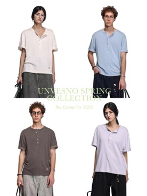 【莱赛尔混纺】Unvesno(UN)中古松弛感亚麻字母刺绣亨利领T恤