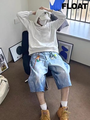 FLOAT 挂饰BROTHER仿真印花男女同款夏季潮流牛仔七分裤