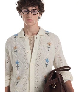 【镂空提花】Unvesno(UN)南法风手工立体花羊毛混纺毛织开衫毛衣