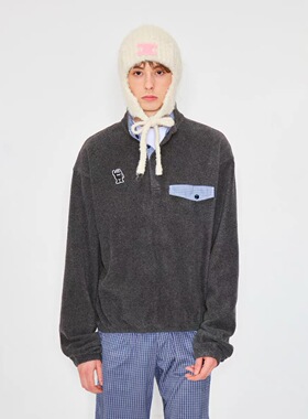 MYSAMESAME25AW细密亲肤摇粒绒拼接格纹领袋开胸立领套头情侣卫衣